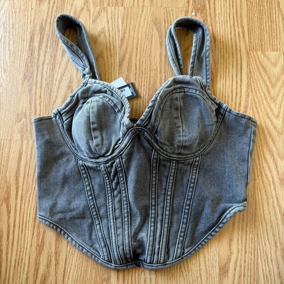 PrettyLittleThing Washed Grey Dip Hem Denim Corset Top Size 6 Bustier Bust Cup - Picture 2 of 9
